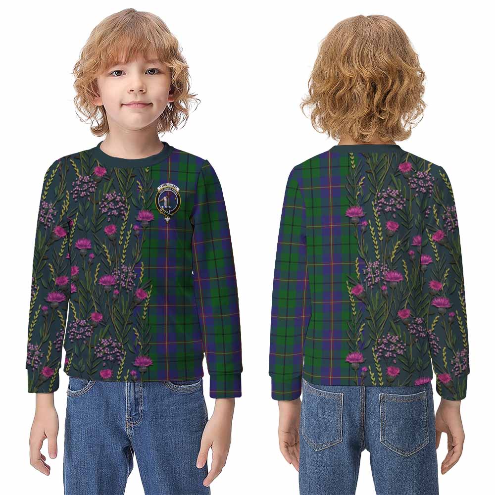 Carmichael Family Crest Tartan Kid Knitted Sweatshirt Scottish Thistle Flower Pattern Half Style - Tartan Vibes Clothing
