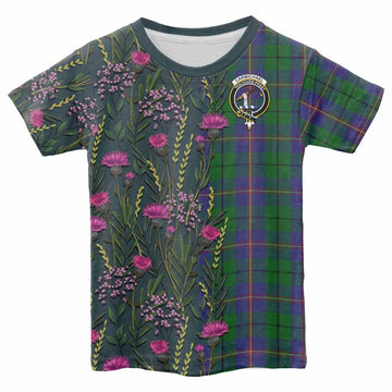 Carmichael Family Crest Tartan Kid T-shirt Scottish Thistle Flower Pattern Half Style - Tartan Vibes Clothing