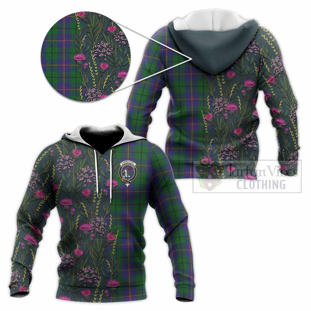 Carmichael Family Crest Tartan Knitted Hoodie Scottish Thistle Flower Pattern Half Style - Tartan Vibes Clothing