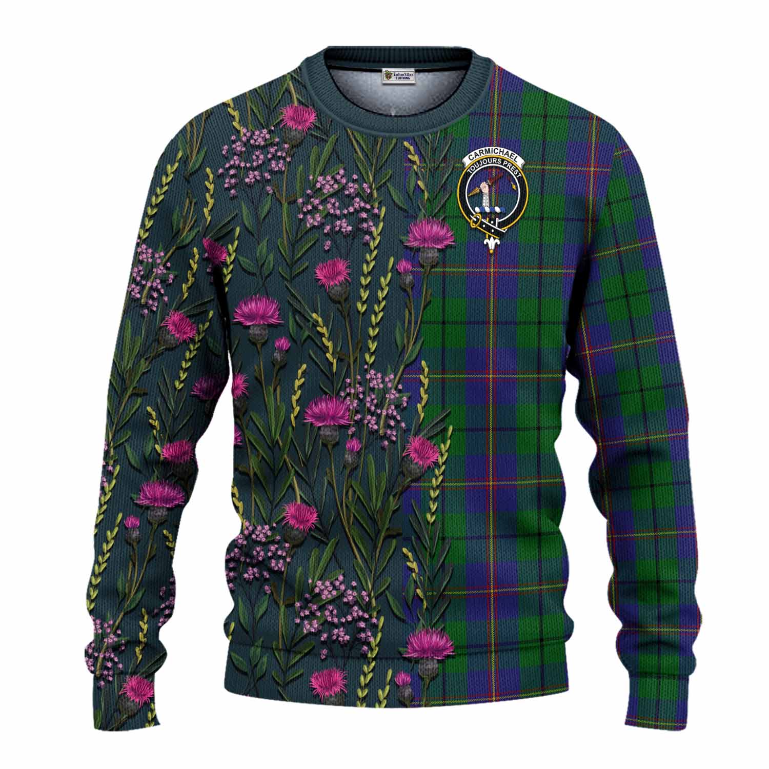 Carmichael Family Crest Tartan Knitted Sweater Scottish Thistle Flower Pattern Half Style - Tartan Vibes Clothing