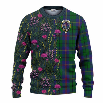 Carmichael Family Crest Tartan Knitted Sweater Scottish Thistle Flower Pattern Half Style - Tartan Vibes Clothing