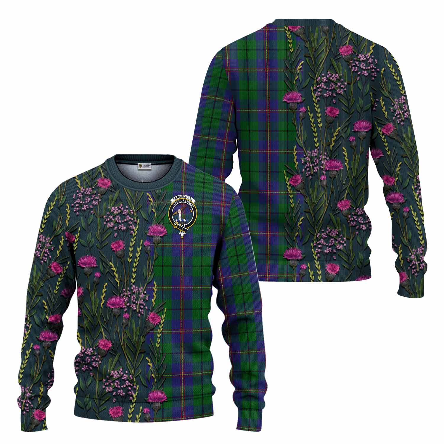 Carmichael Family Crest Tartan Knitted Sweater Scottish Thistle Flower Pattern Half Style - Tartan Vibes Clothing