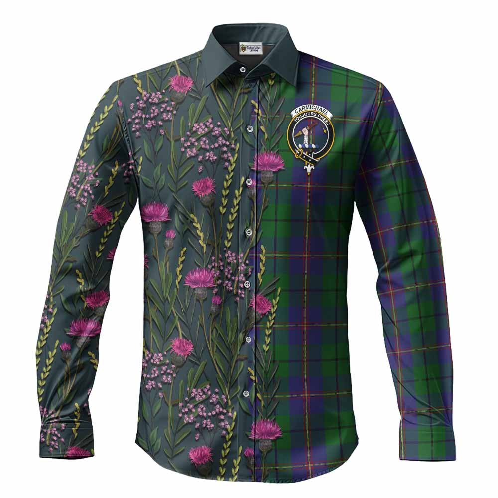Carmichael Family Crest Tartan Long Sleeve Button Shirts Scottish Thistle Flower Pattern Half Style - Tartan Vibes Clothing
