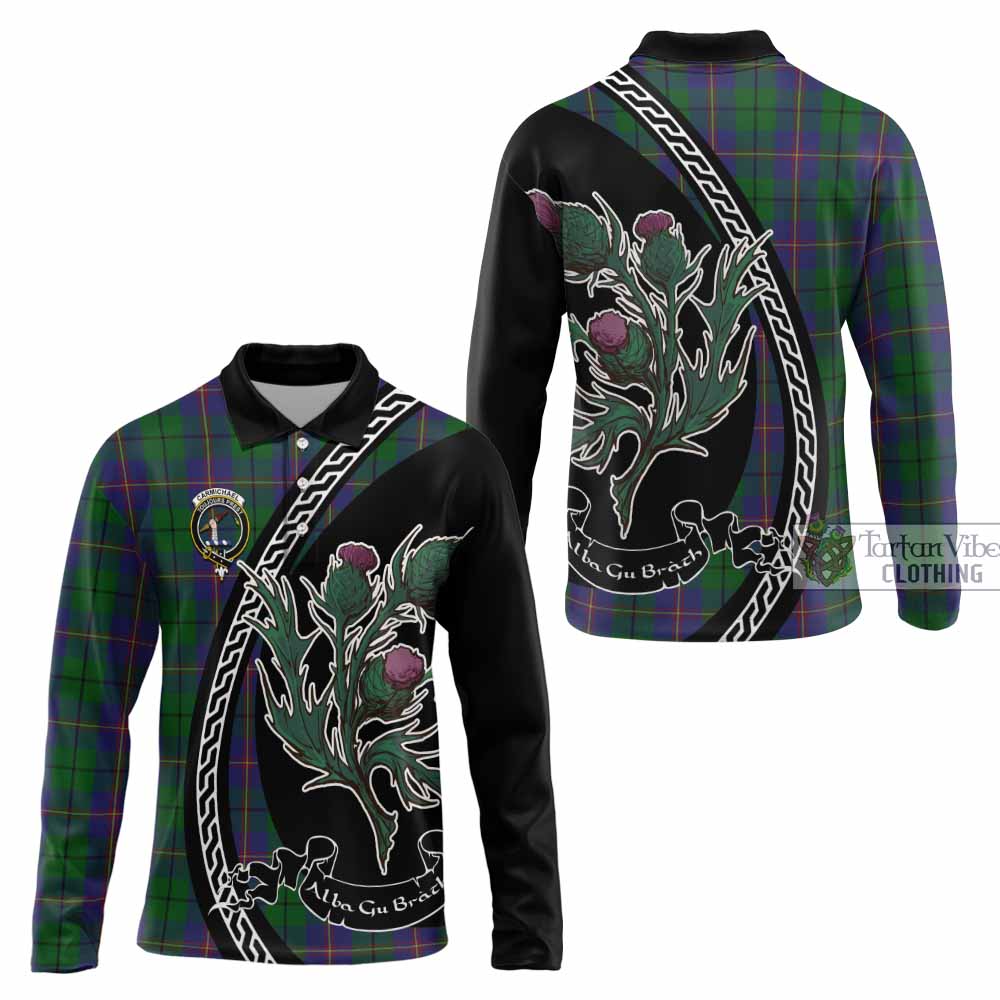 Carmichael Family Crest Tartan Long Sleeve Polo Shirt Alba Thistle Inspired - Tartan Vibes Clothing