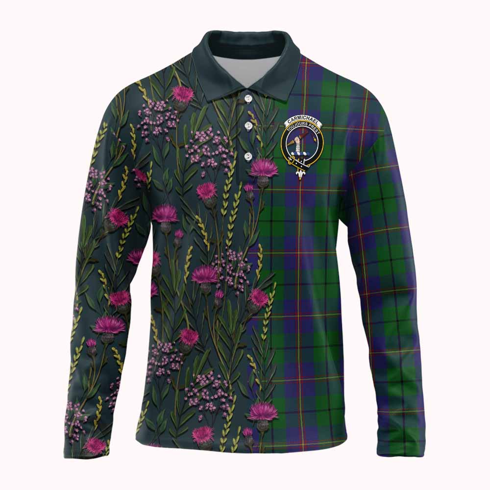 Carmichael Family Crest Tartan Long Sleeve Polo Shirt Scottish Thistle Flower Pattern Half Style - Tartan Vibes Clothing