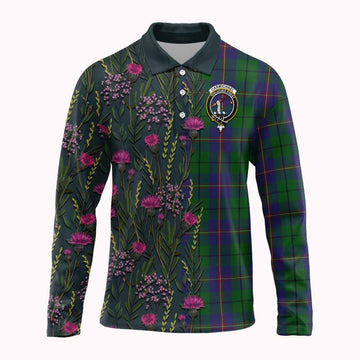 Carmichael Family Crest Tartan Long Sleeve Polo Shirt Scottish Thistle Flower Pattern Half Style - Tartan Vibes Clothing