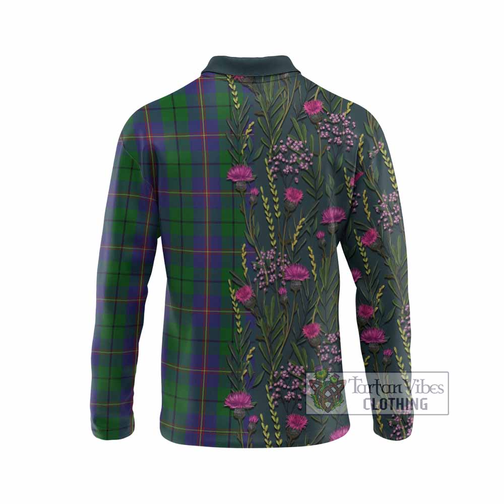 Carmichael Family Crest Tartan Long Sleeve Polo Shirt Scottish Thistle Flower Pattern Half Style - Tartan Vibes Clothing