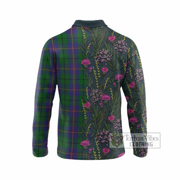 Carmichael Family Crest Tartan Long Sleeve Polo Shirt Scottish Thistle Flower Pattern Half Style - Tartan Vibes Clothing