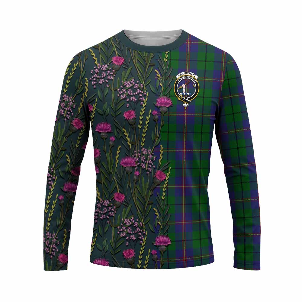 Carmichael Family Crest Tartan Long Sleeve T-Shirt Scottish Thistle Flower Pattern Half Style - Tartan Vibes Clothing