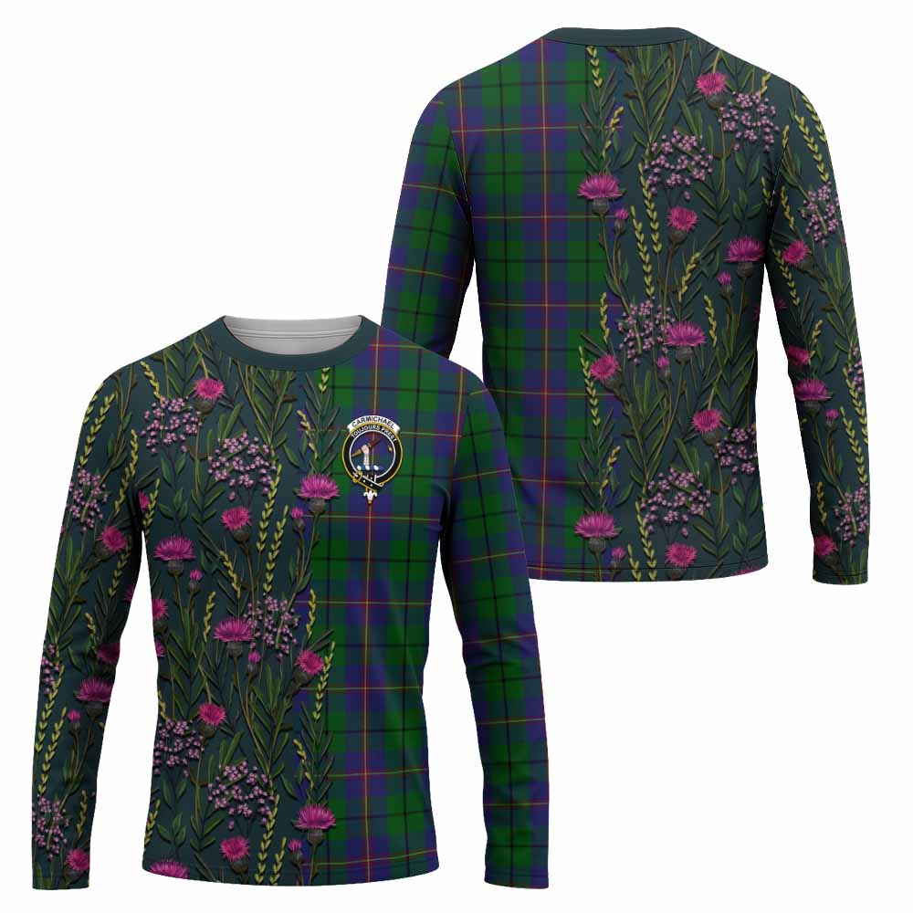 Carmichael Family Crest Tartan Long Sleeve T-Shirt Scottish Thistle Flower Pattern Half Style - Tartan Vibes Clothing