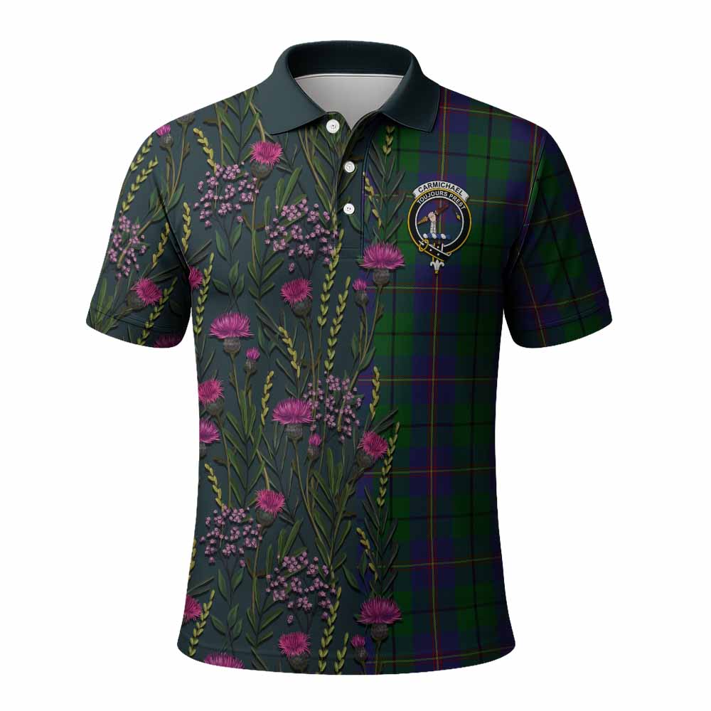 Carmichael Family Crest Tartan Polo Shirt Scottish Thistle Flower Pattern Half Style - Tartan Vibes Clothing