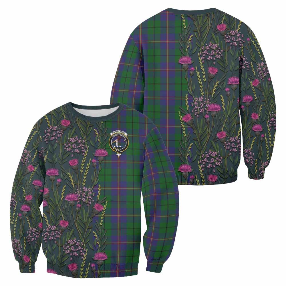 Carmichael Family Crest Tartan Sweatshirt Scottish Thistle Flower Pattern Half Style - Tartan Vibes Clothing