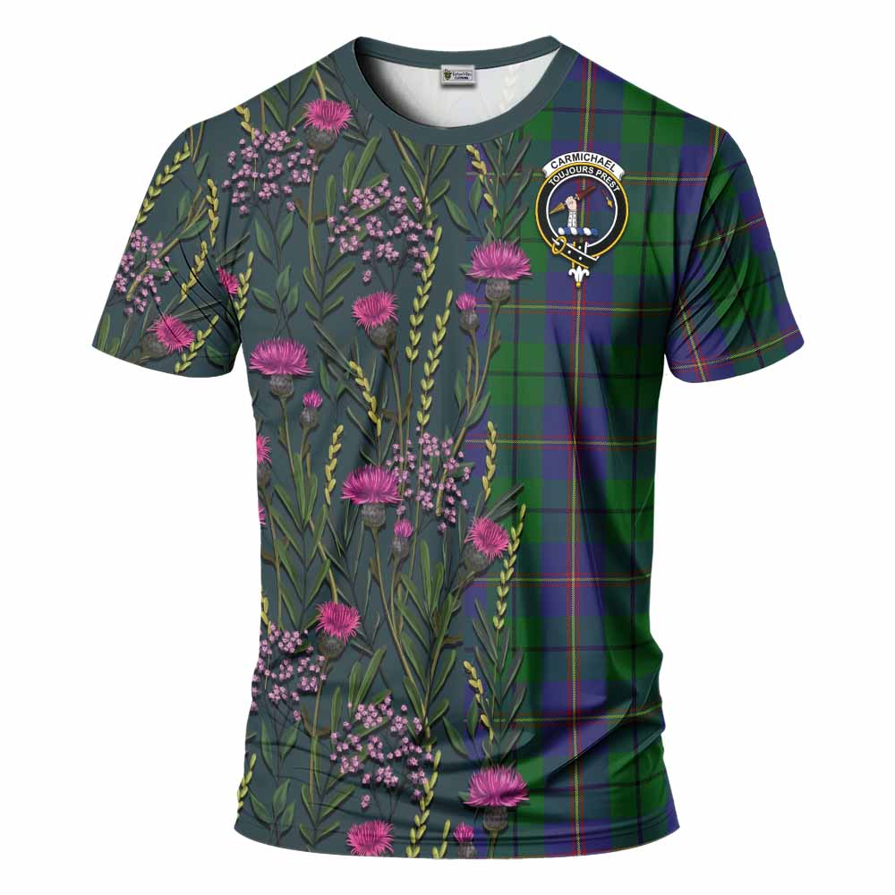 Carmichael Family Crest Tartan T-Shirt Scottish Thistle Flower Pattern Half Style - Tartan Vibes Clothing