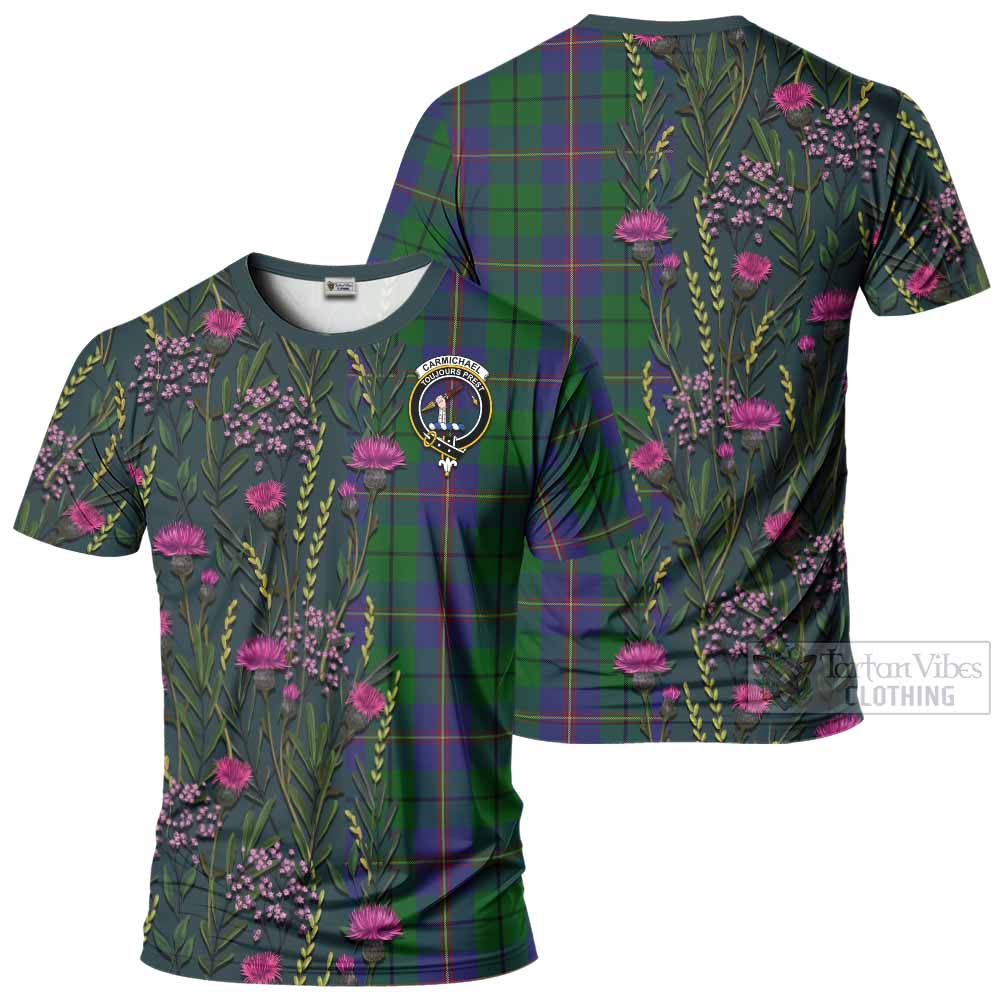 Carmichael Family Crest Tartan T-Shirt Scottish Thistle Flower Pattern Half Style - Tartan Vibes Clothing
