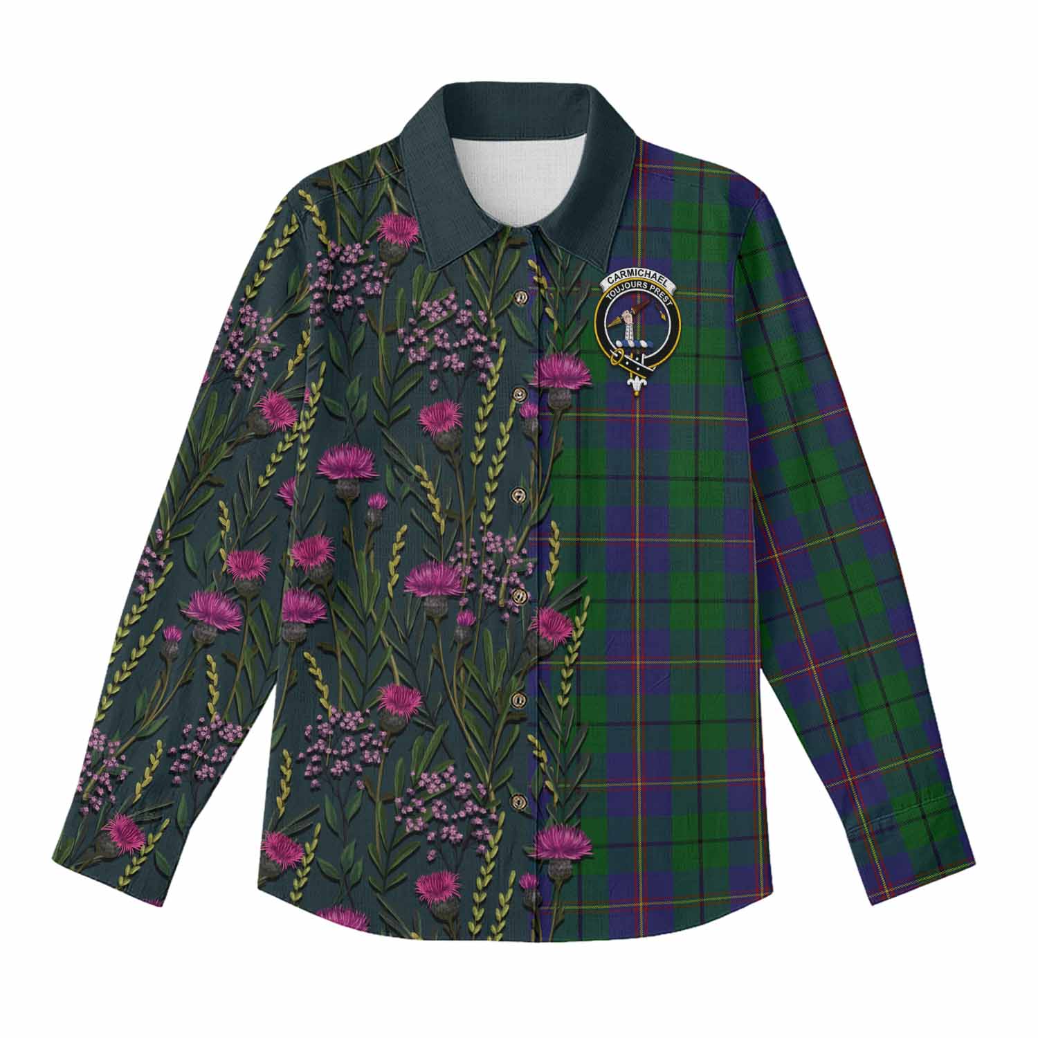 Carmichael Family Crest Tartan Women Casual Shirt Scottish Thistle Flower Pattern Half Style - Tartan Vibes Clothing