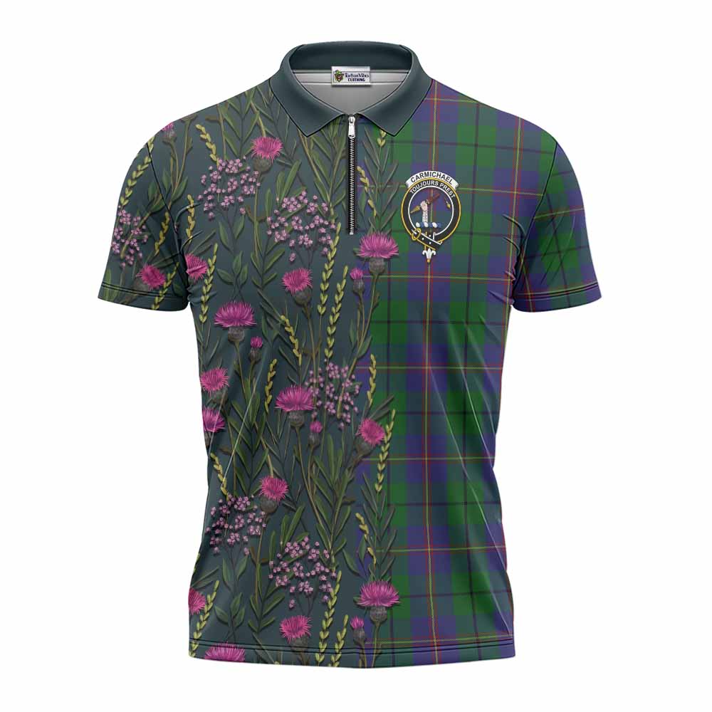 Carmichael Family Crest Tartan Zipper Polo Shirt Scottish Thistle Flower Pattern Half Style - Tartan Vibes Clothing