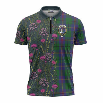 Carmichael Family Crest Tartan Zipper Polo Shirt Scottish Thistle Flower Pattern Half Style - Tartan Vibes Clothing