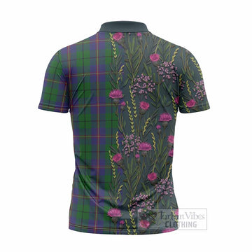 Carmichael Family Crest Tartan Zipper Polo Shirt Scottish Thistle Flower Pattern Half Style - Tartan Vibes Clothing