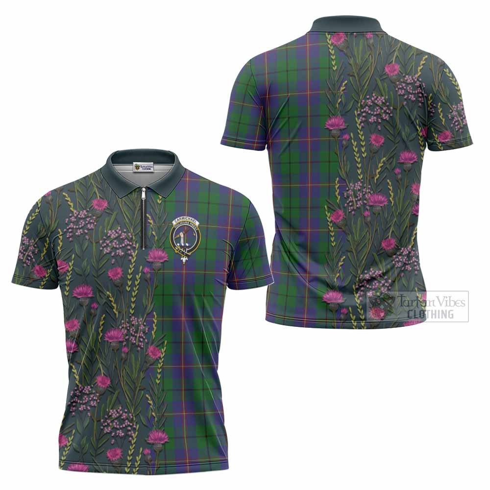 Carmichael Family Crest Tartan Zipper Polo Shirt Scottish Thistle Flower Pattern Half Style - Tartan Vibes Clothing