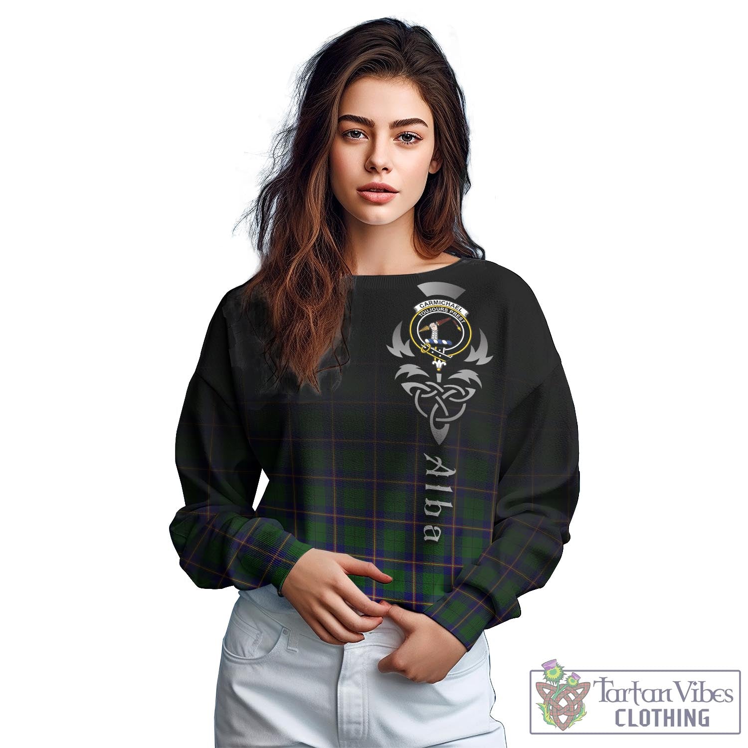 Tartan Vibes Clothing Carmichael Modern Tartan Sweatshirt Featuring Alba Gu Brath Family Crest Celtic Inspired