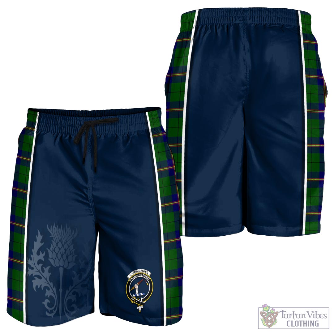 Tartan Vibes Clothing Carmichael Modern Tartan Men's Shorts with Family Crest and Scottish Thistle Vibes Sport Style