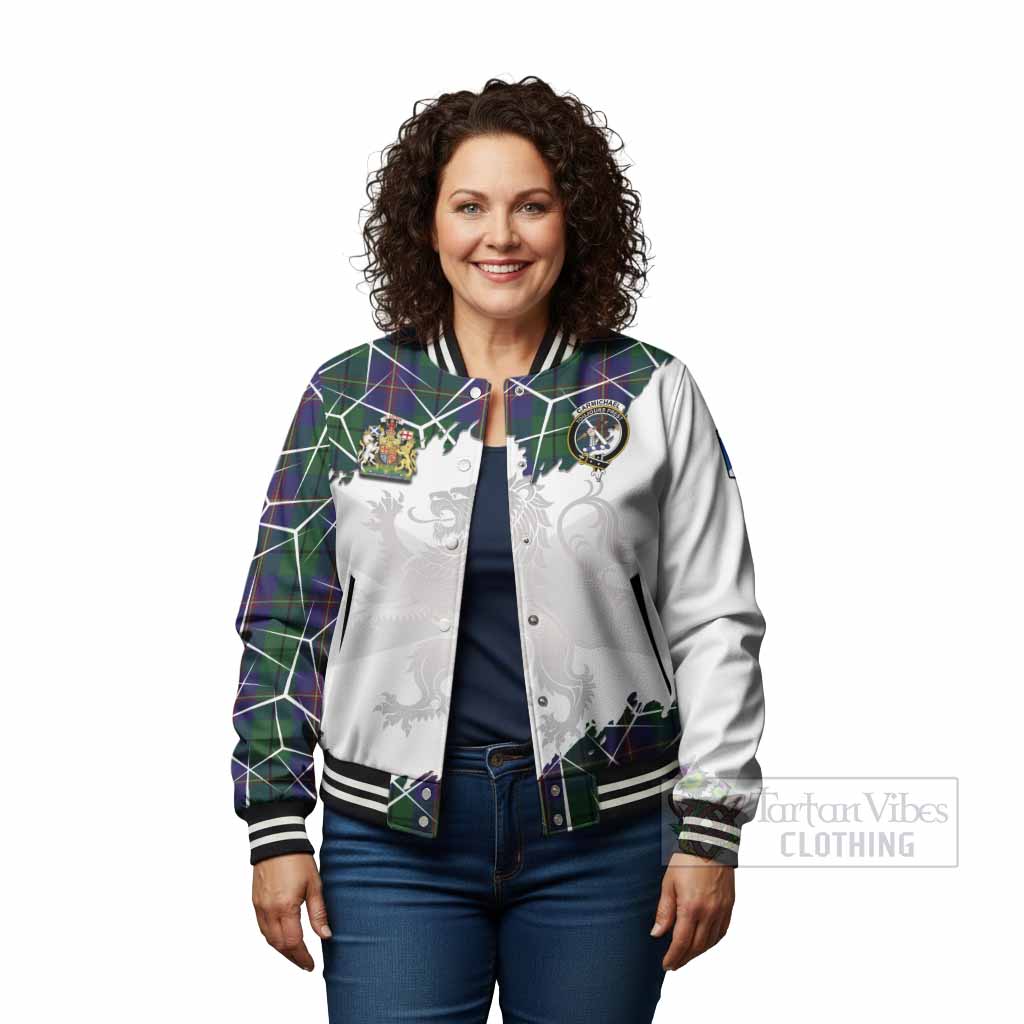 Carmichael Tartan Baseball Jacket with Family Crest and Lion Rampant Grunge Style