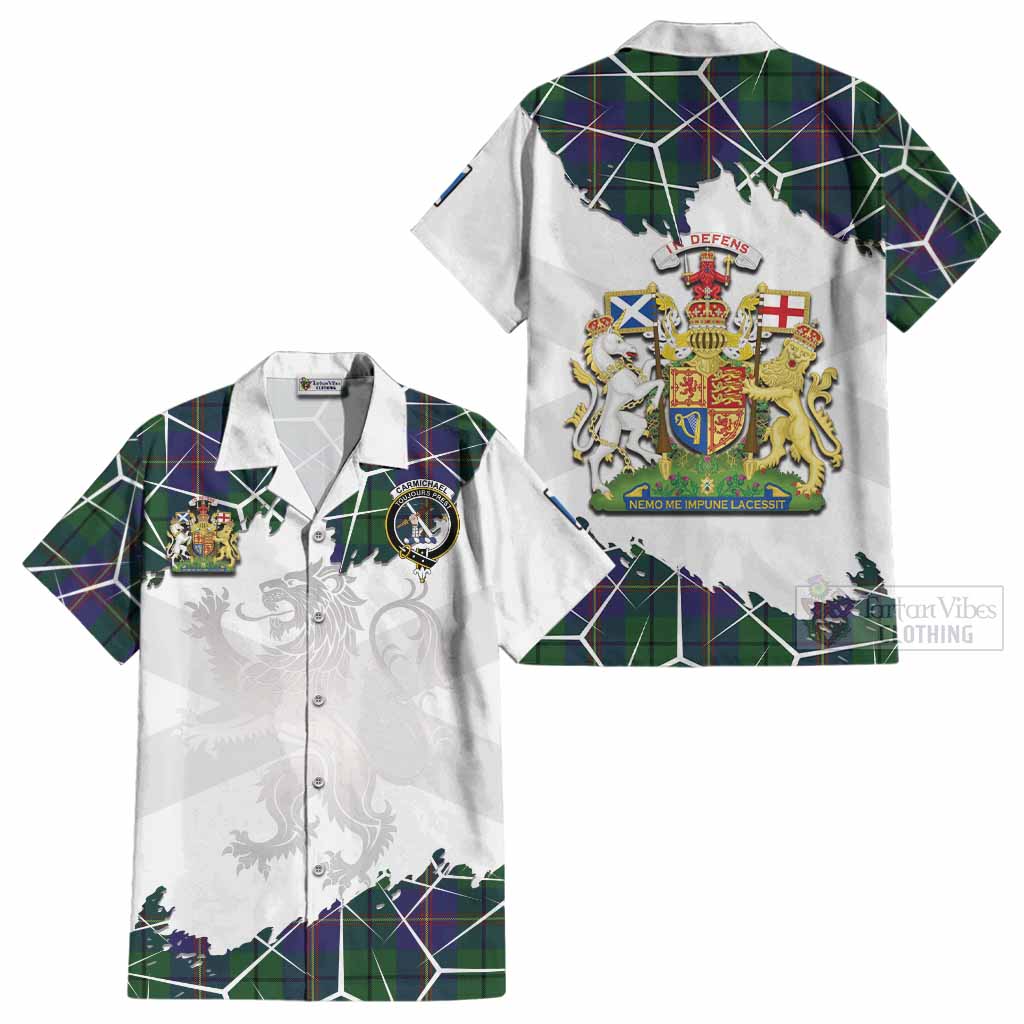 Carmichael Tartan Cotton Hawaiian Shirt with Family Crest and Lion Rampant Grunge Style