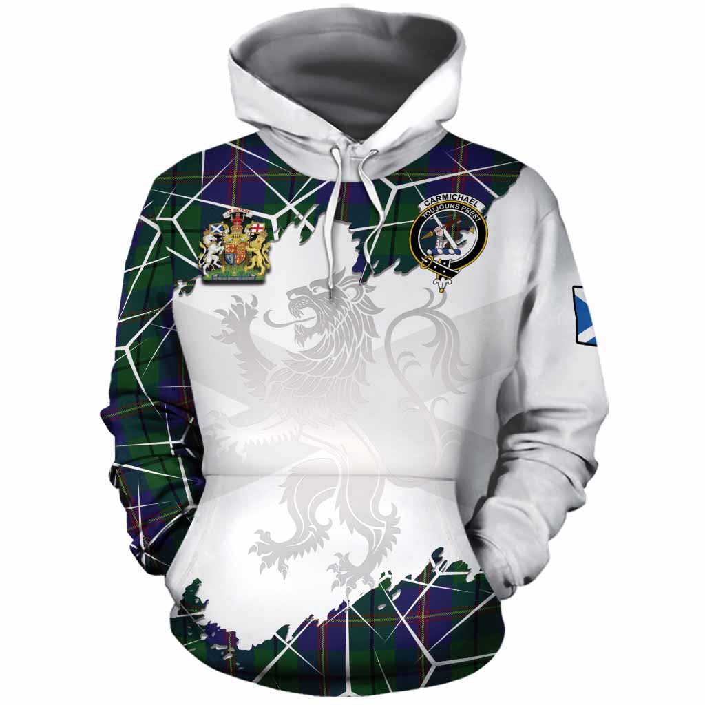 Carmichael Tartan Cotton Hoodie with Family Crest and Lion Rampant Grunge Style