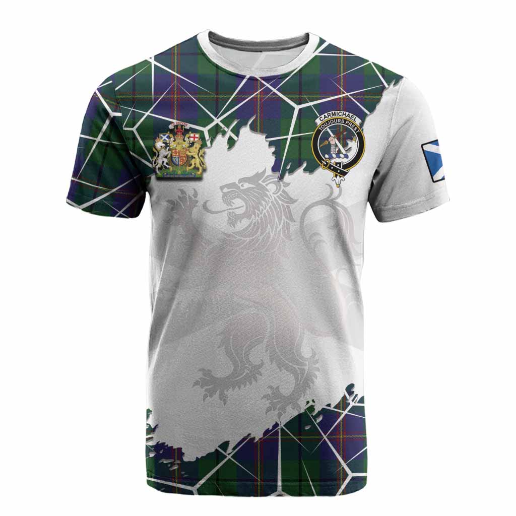 Carmichael Tartan Cotton T-shirt with Family Crest and Lion Rampant Grunge Style