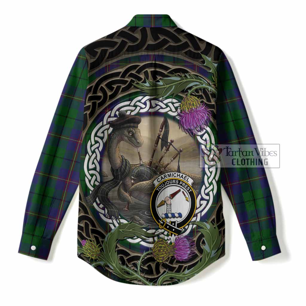 Carmichael Tartan Crest Bagpipe Nessie Women Casual Shirt Scottish Loch Ness Monster Celtic Thistle