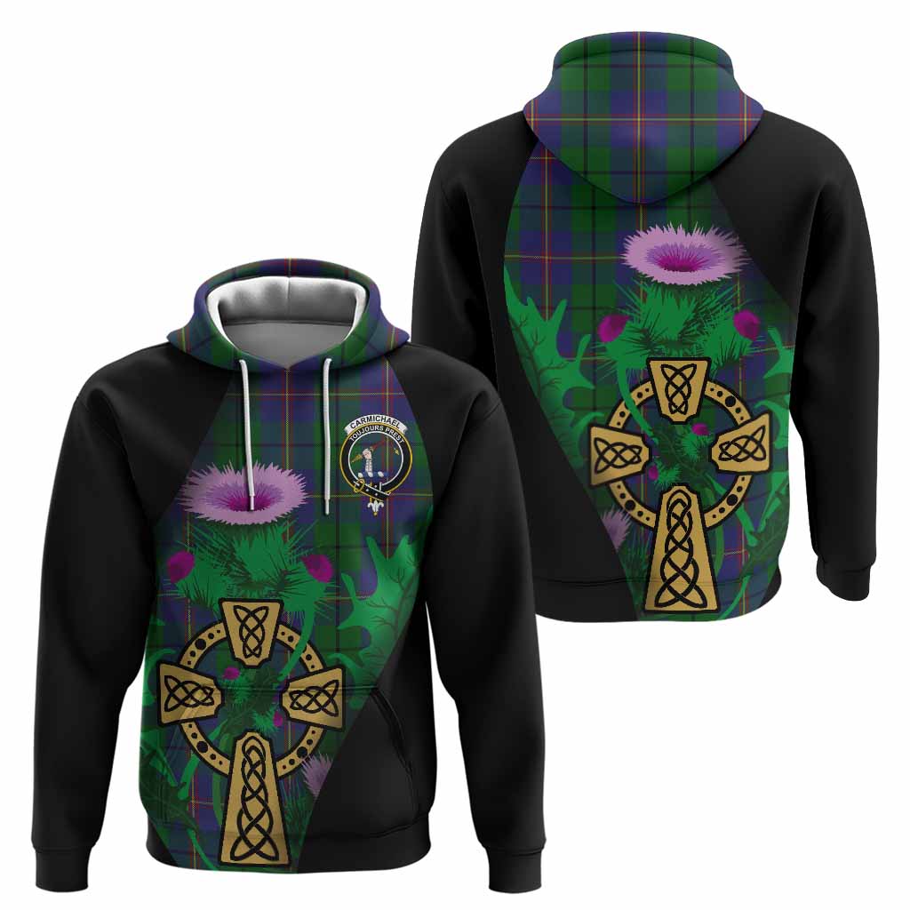 Carmichael Tartan Crest Hoodie Celtic Cross Thistle Flowers