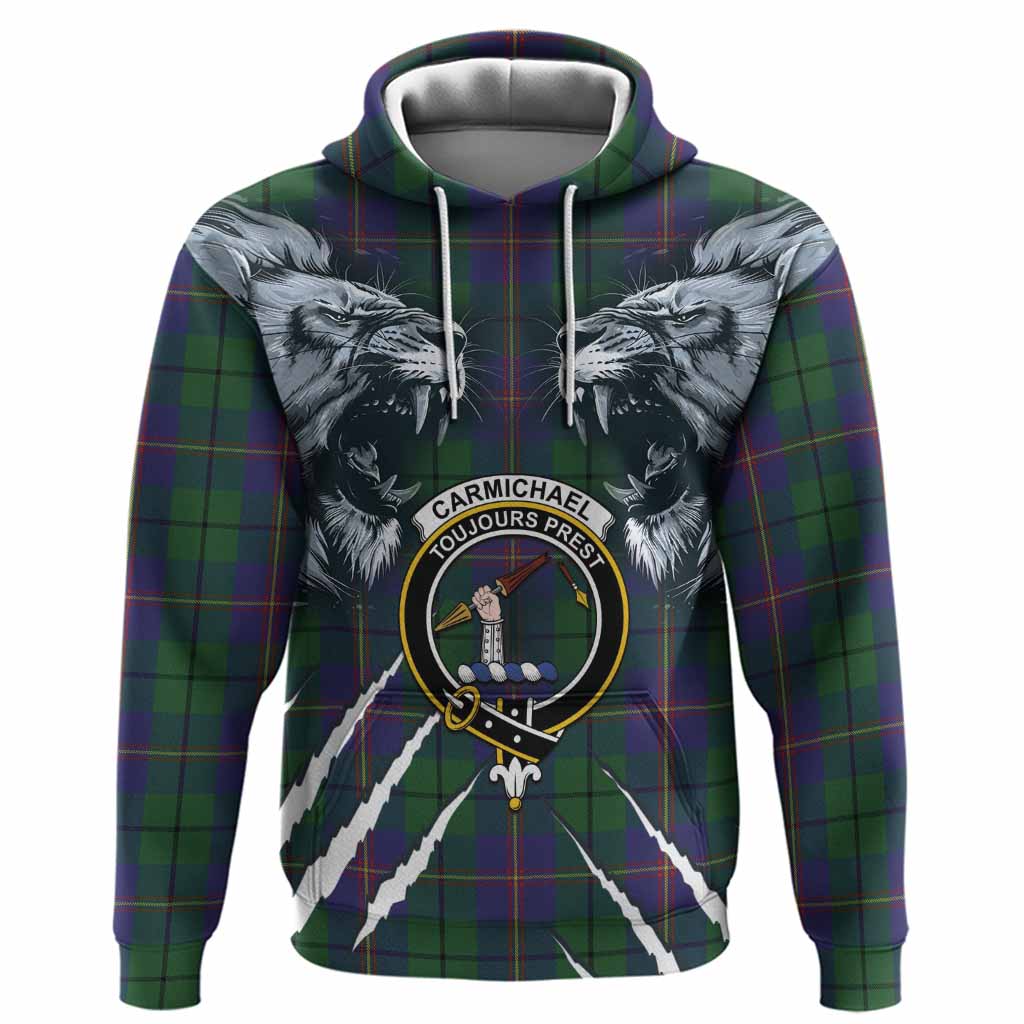 Carmichael Tartan Crest Hoodie Ferocious Lion Style