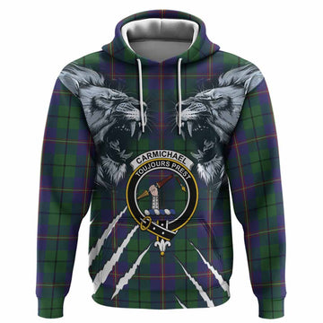 Carmichael Tartan Crest Hoodie Ferocious Lion Style