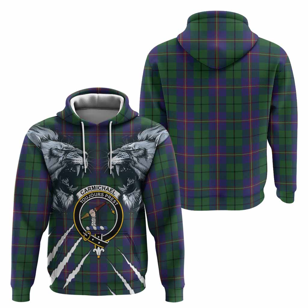 Carmichael Tartan Crest Hoodie Ferocious Lion Style