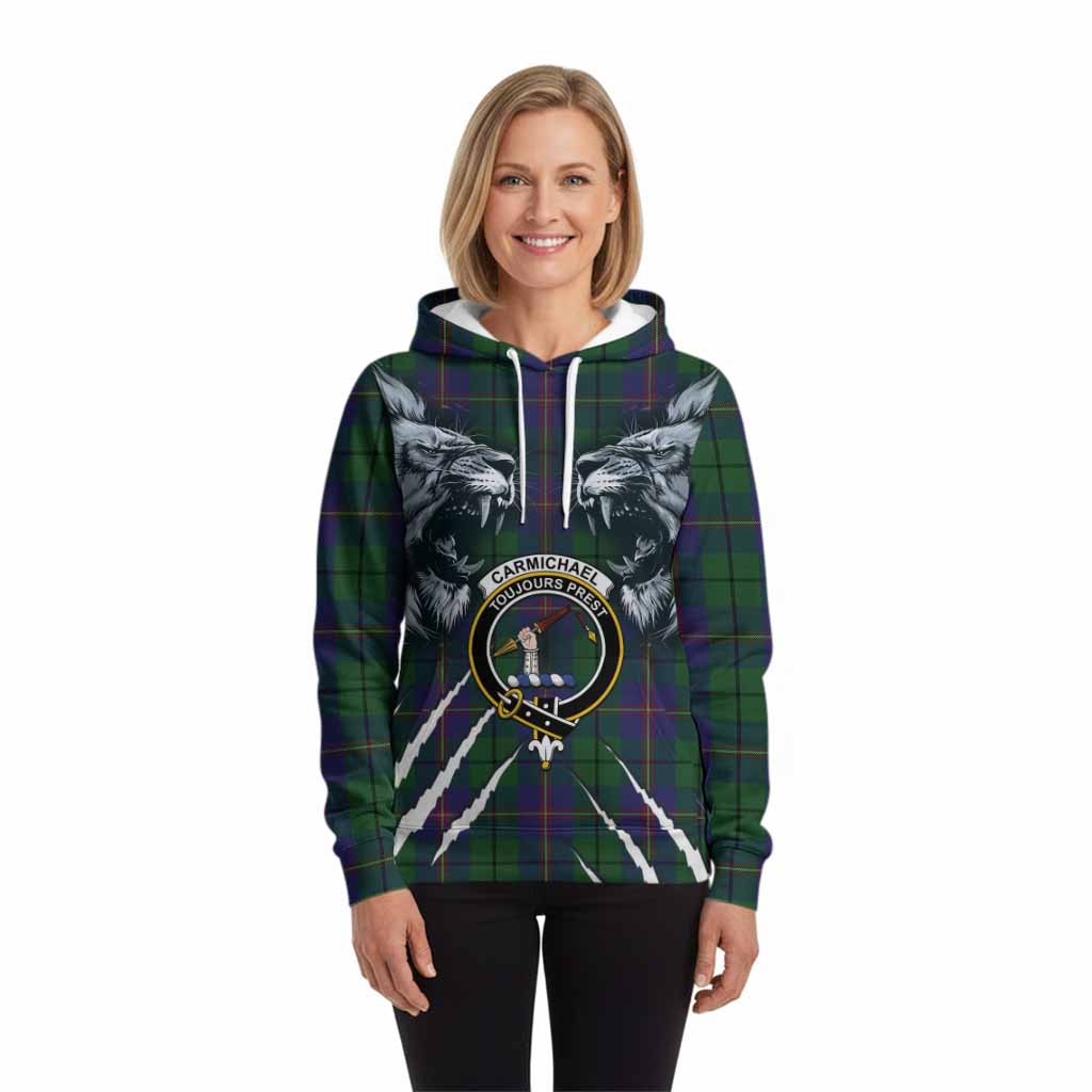 Carmichael Tartan Crest Hoodie Ferocious Lion Style