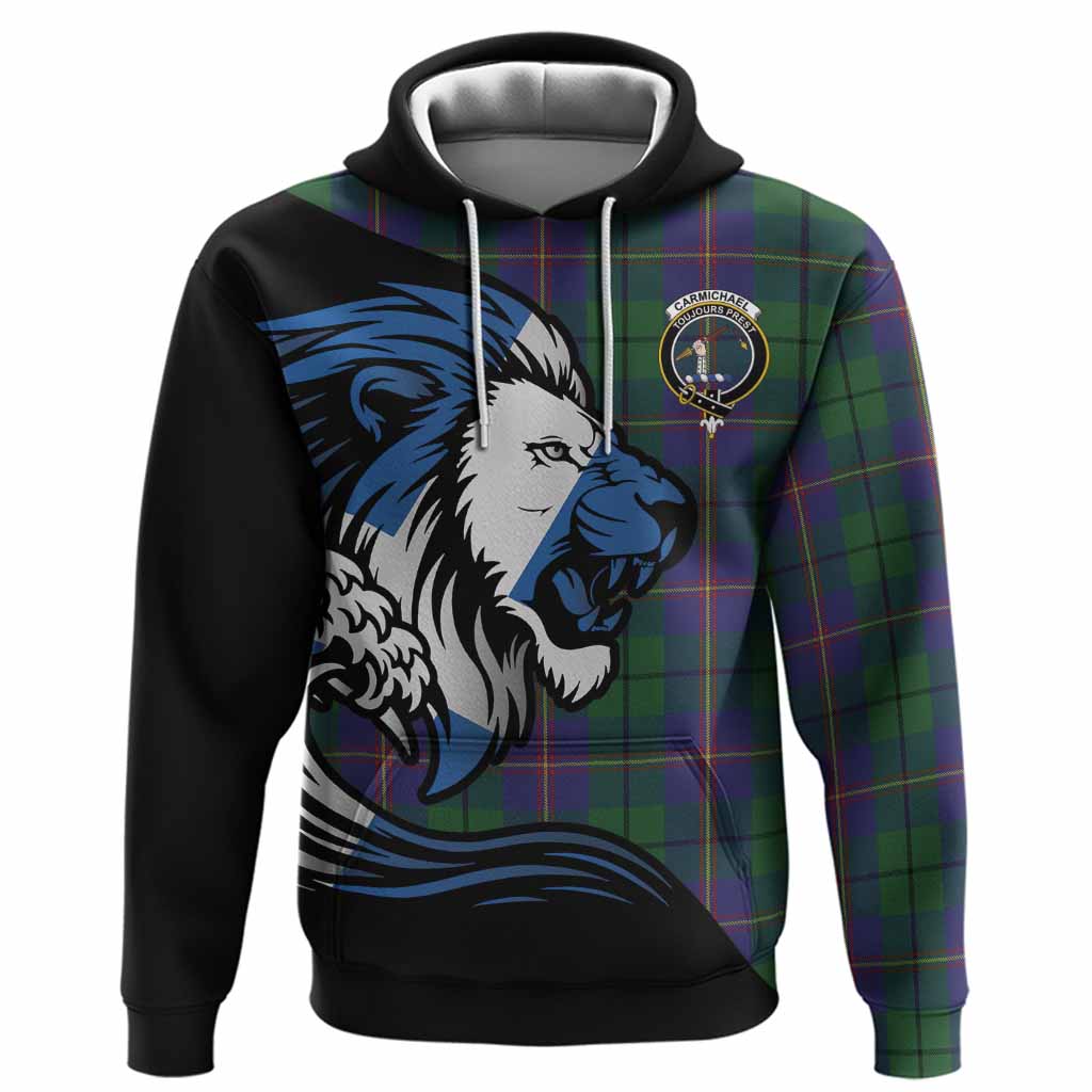 Carmichael Tartan Crest Hoodie Scottish Golden Lions Wave Flow