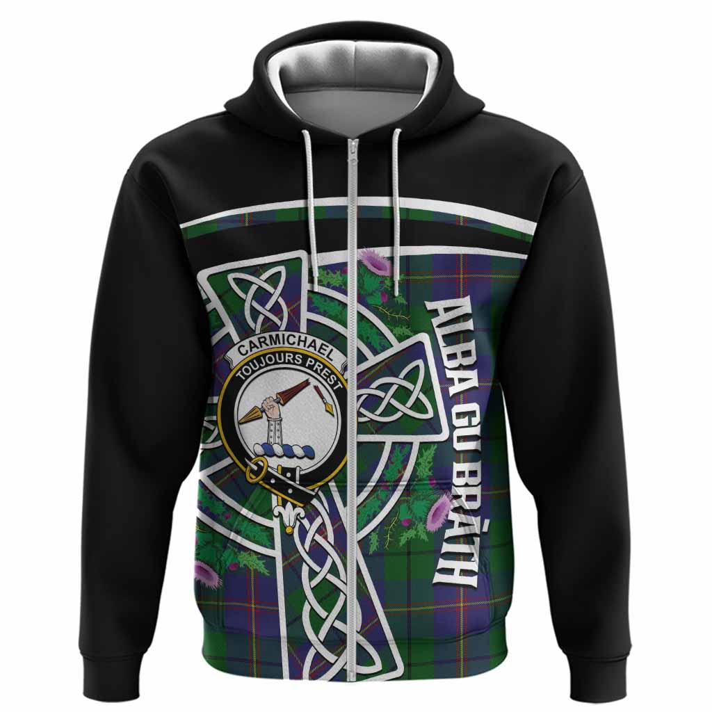Carmichael Tartan Crest Hoodie Scottish Thistle Celtic Cross Alba Gu Brath