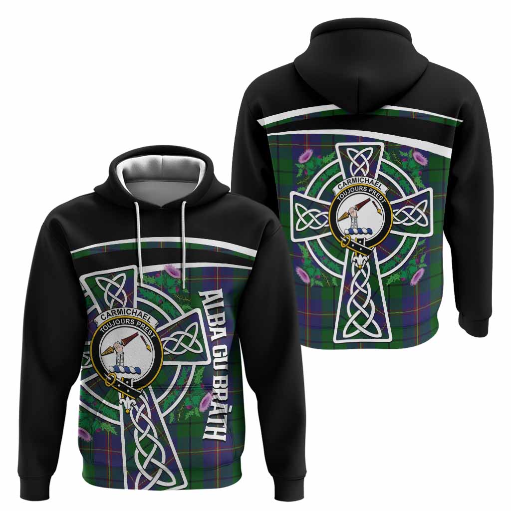 Carmichael Tartan Crest Hoodie Scottish Thistle Celtic Cross Alba Gu Brath