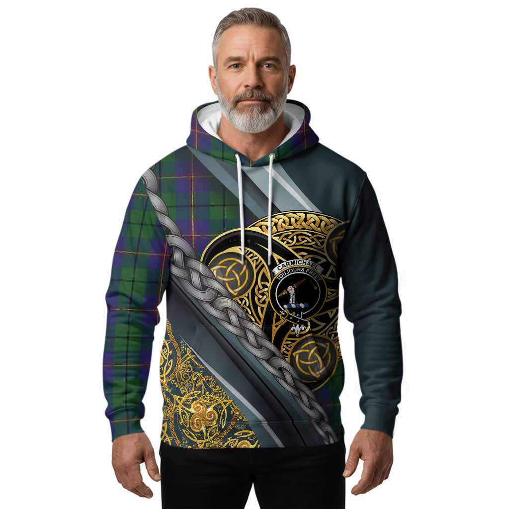 Carmichael Tartan Crest Hoodie Scottish Triskele Celtic