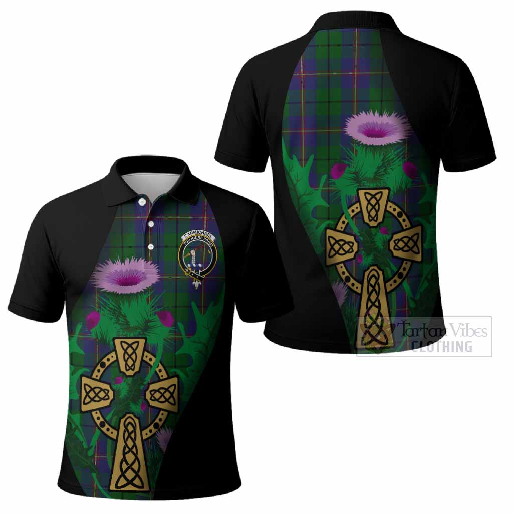 Carmichael Tartan Crest Polo Shirt Celtic Cross Thistle Flowers