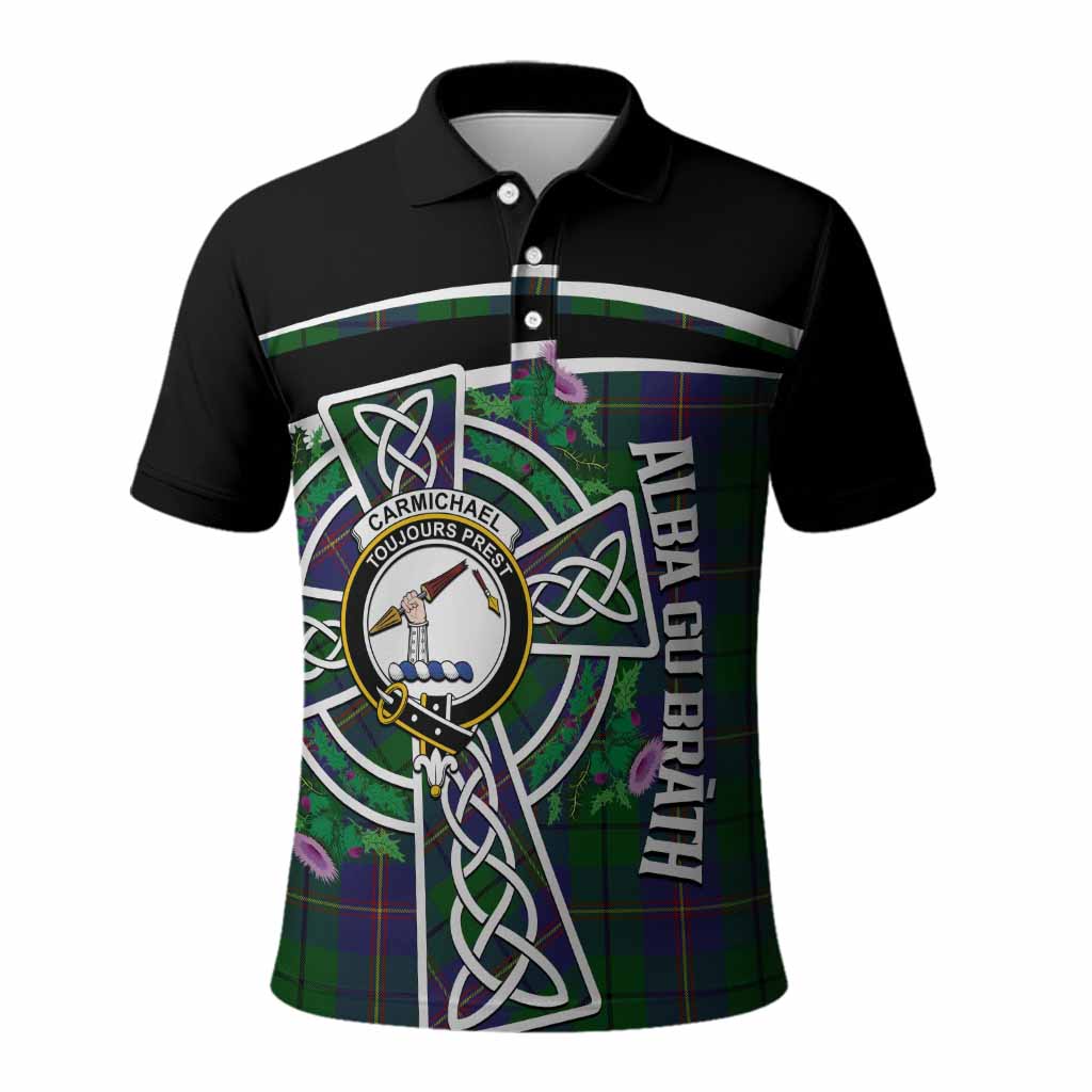 Carmichael Tartan Crest Polo Shirt Scottish Thistle Celtic Cross Alba Gu Brath