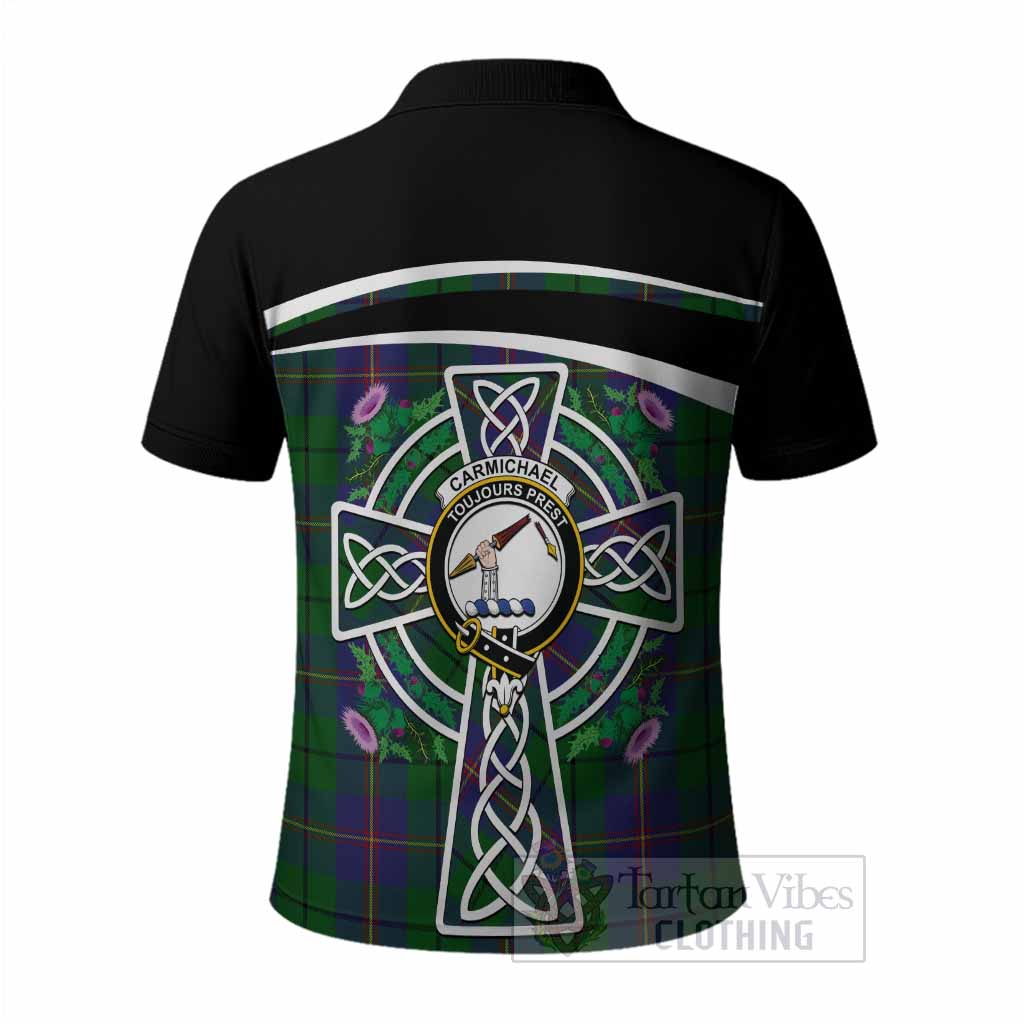 Carmichael Tartan Crest Polo Shirt Scottish Thistle Celtic Cross Alba Gu Brath