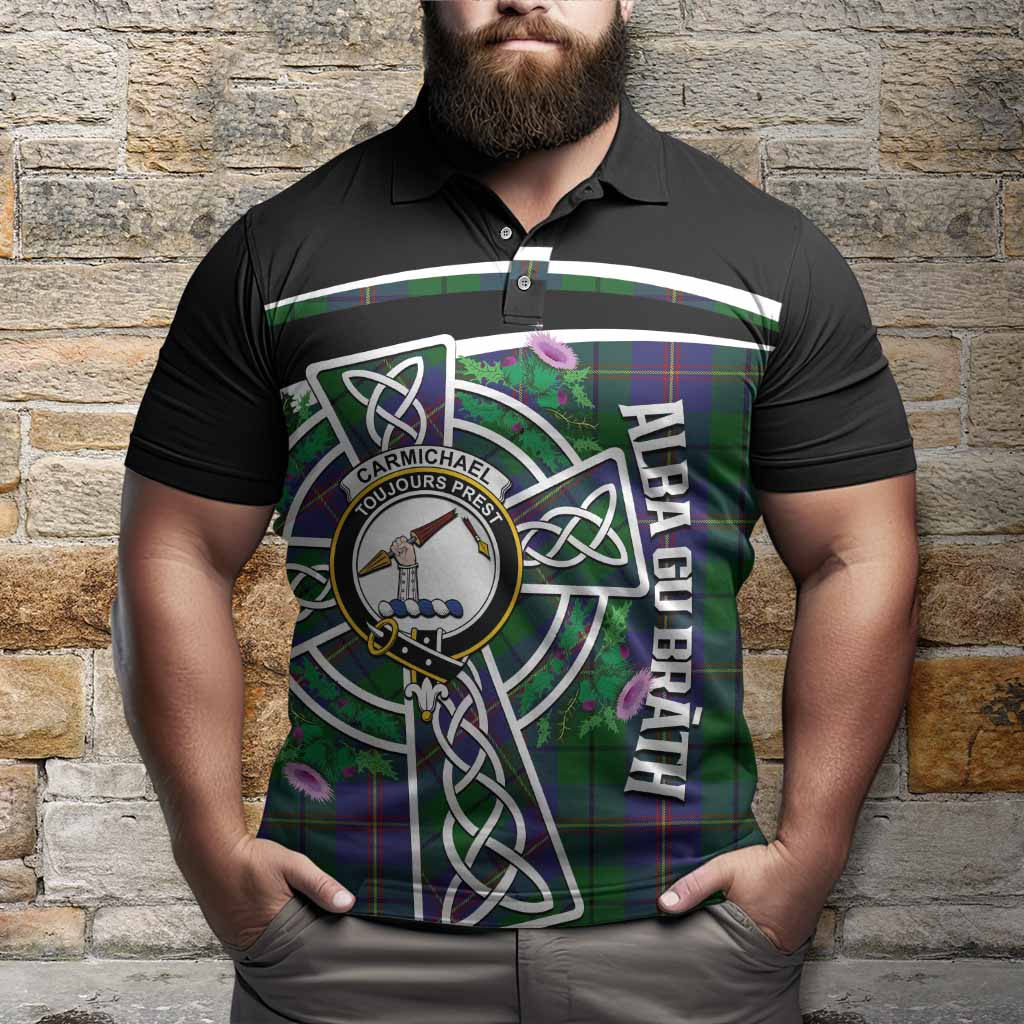 Carmichael Tartan Crest Polo Shirt Scottish Thistle Celtic Cross Alba Gu Brath
