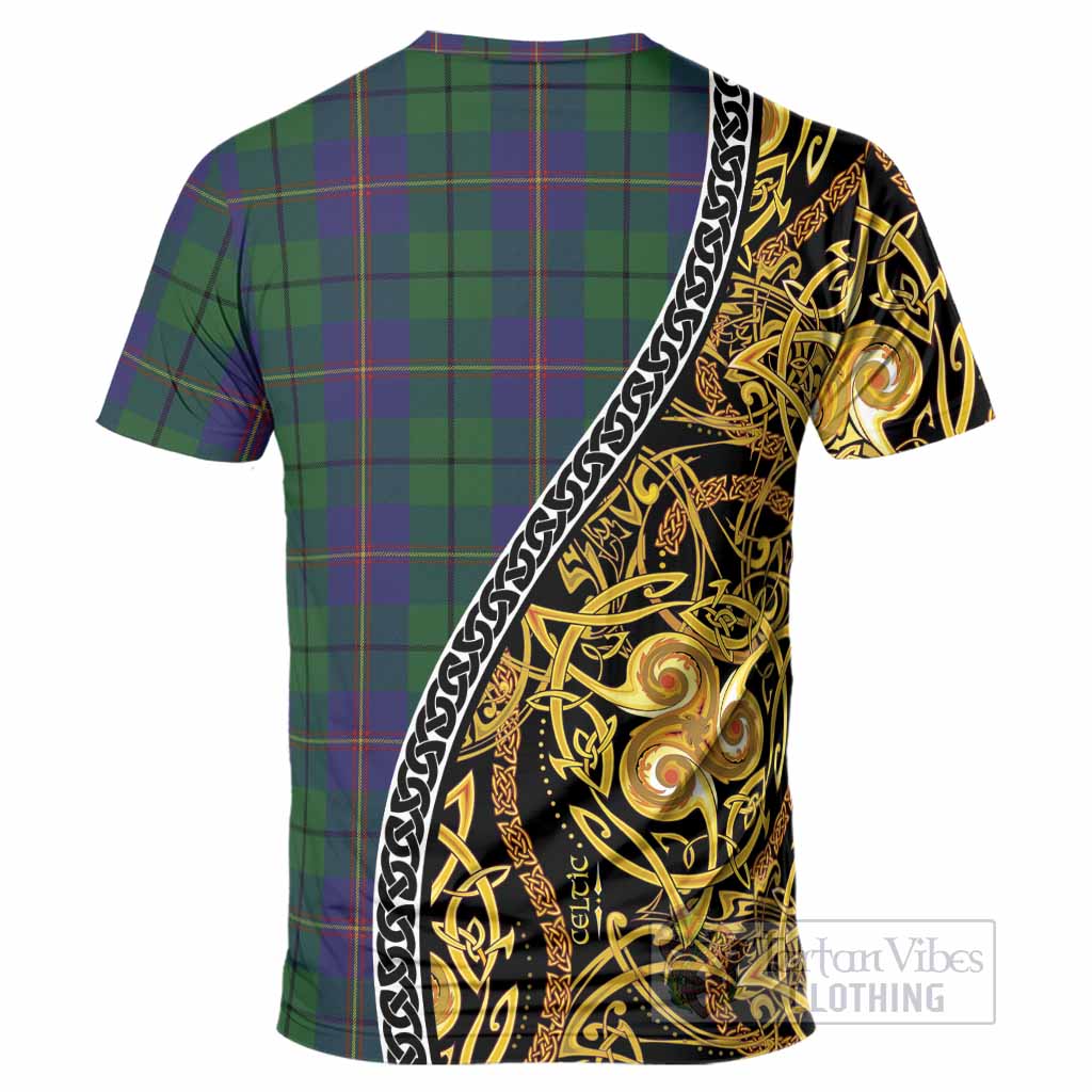 Carmichael Tartan Crest T-Shirt Celtic Knot and Triple Trickle Spiral Symbols