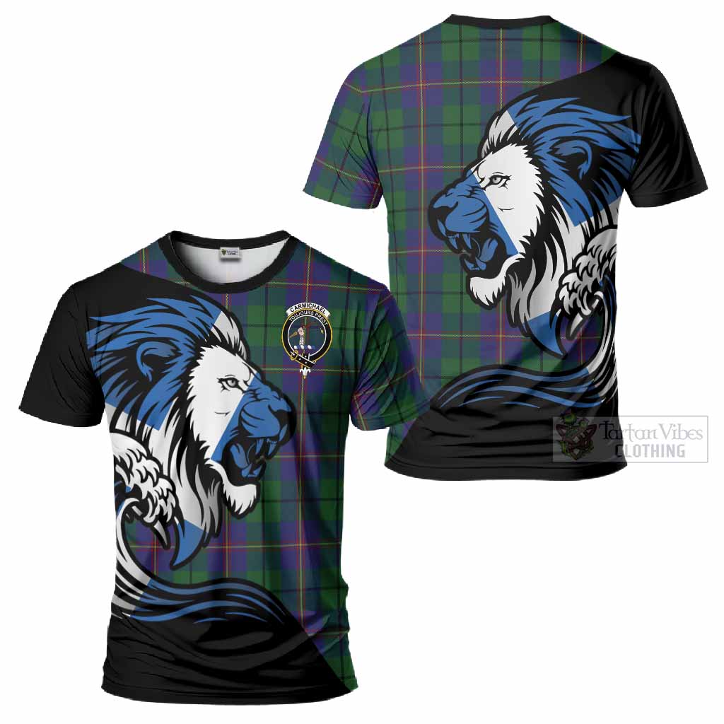 Carmichael Tartan Crest T-Shirt Scottish Golden Lions Wave Flow