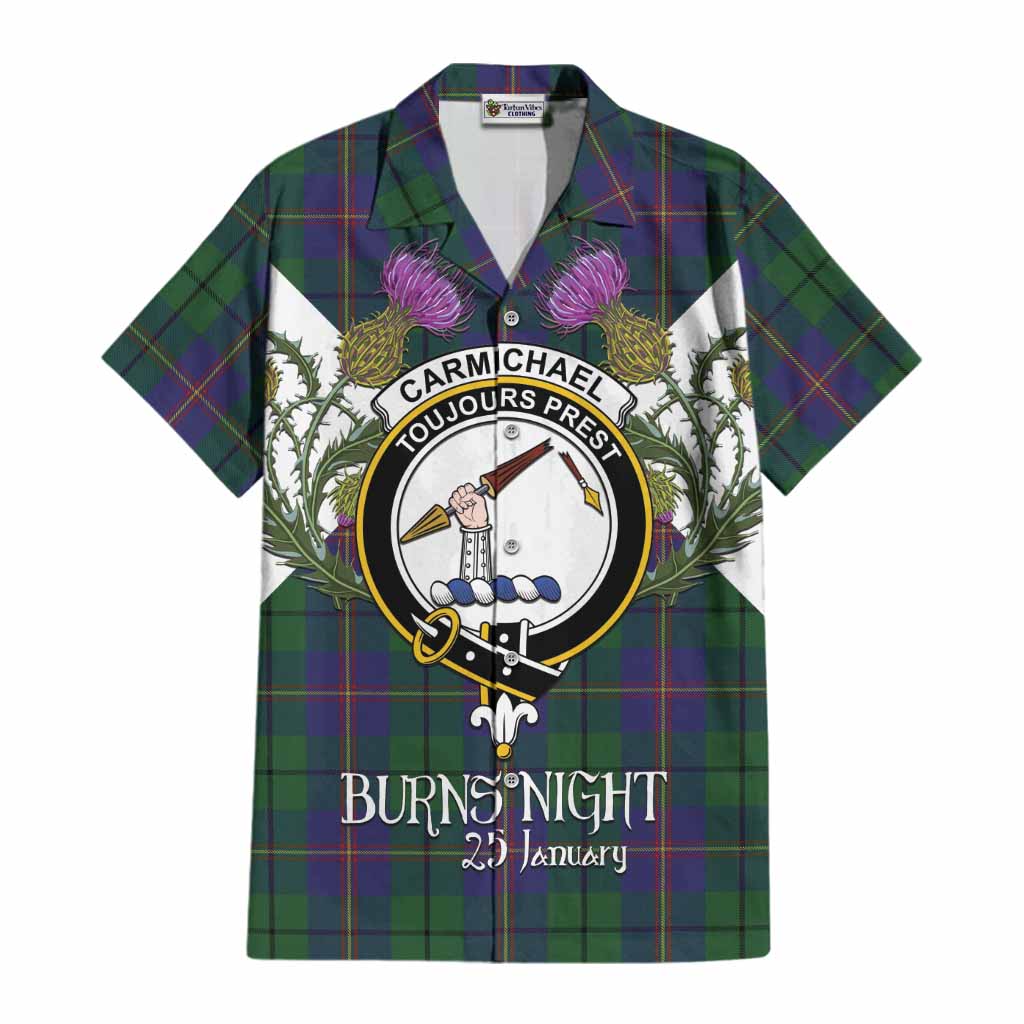 Carmichael Tartan Family Crest Cotton Hawaiian Shirt Scottish Burns Night Thistle Floral