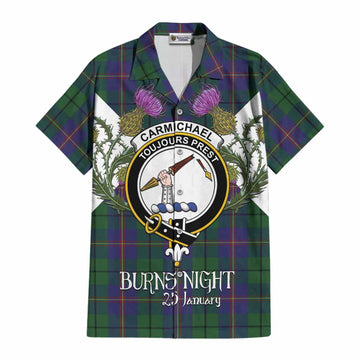 Carmichael Tartan Family Crest Cotton Hawaiian Shirt Scottish Burns Night Thistle Floral