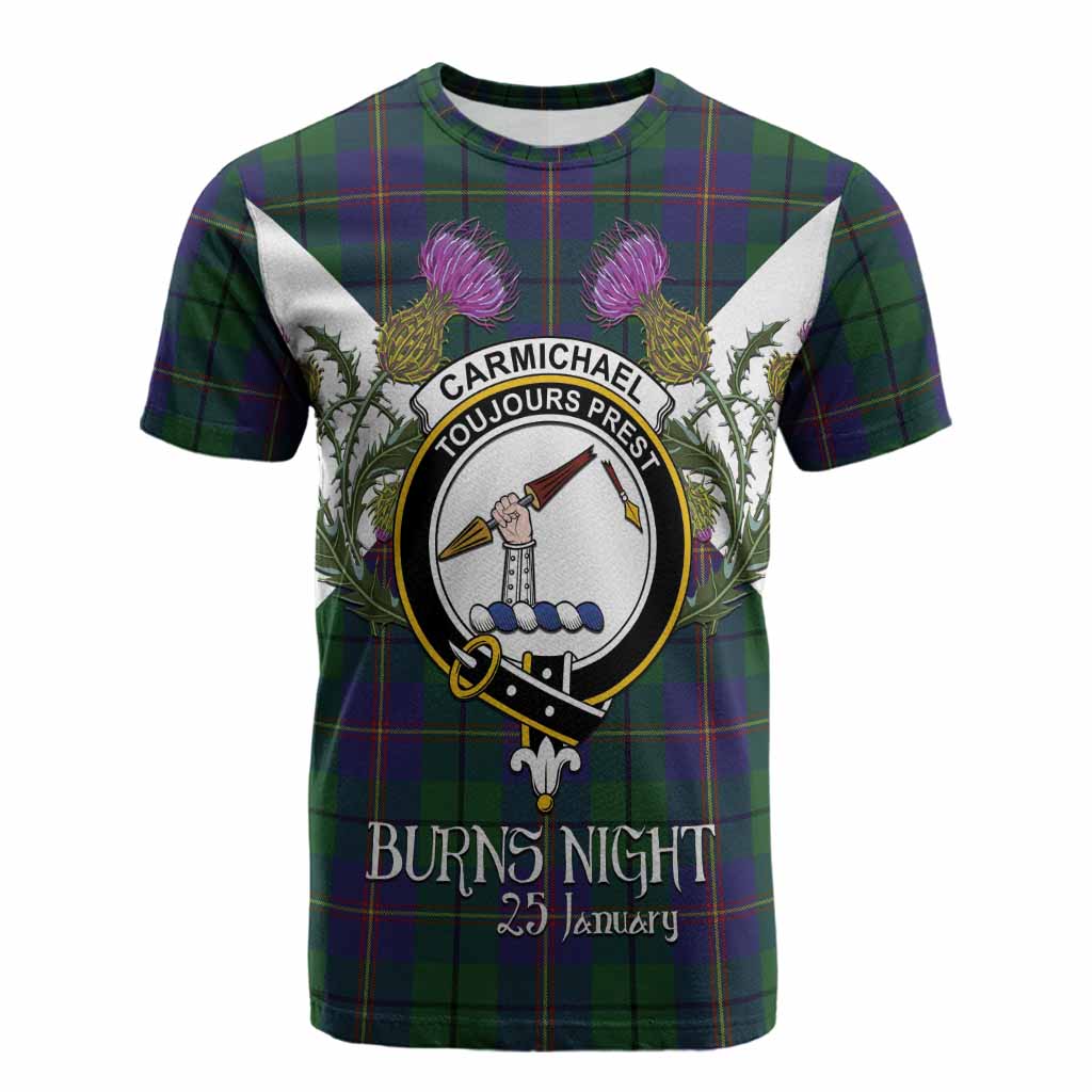 Carmichael Tartan Family Crest Cotton T-shirt Scottish Burns Night Thistle Floral