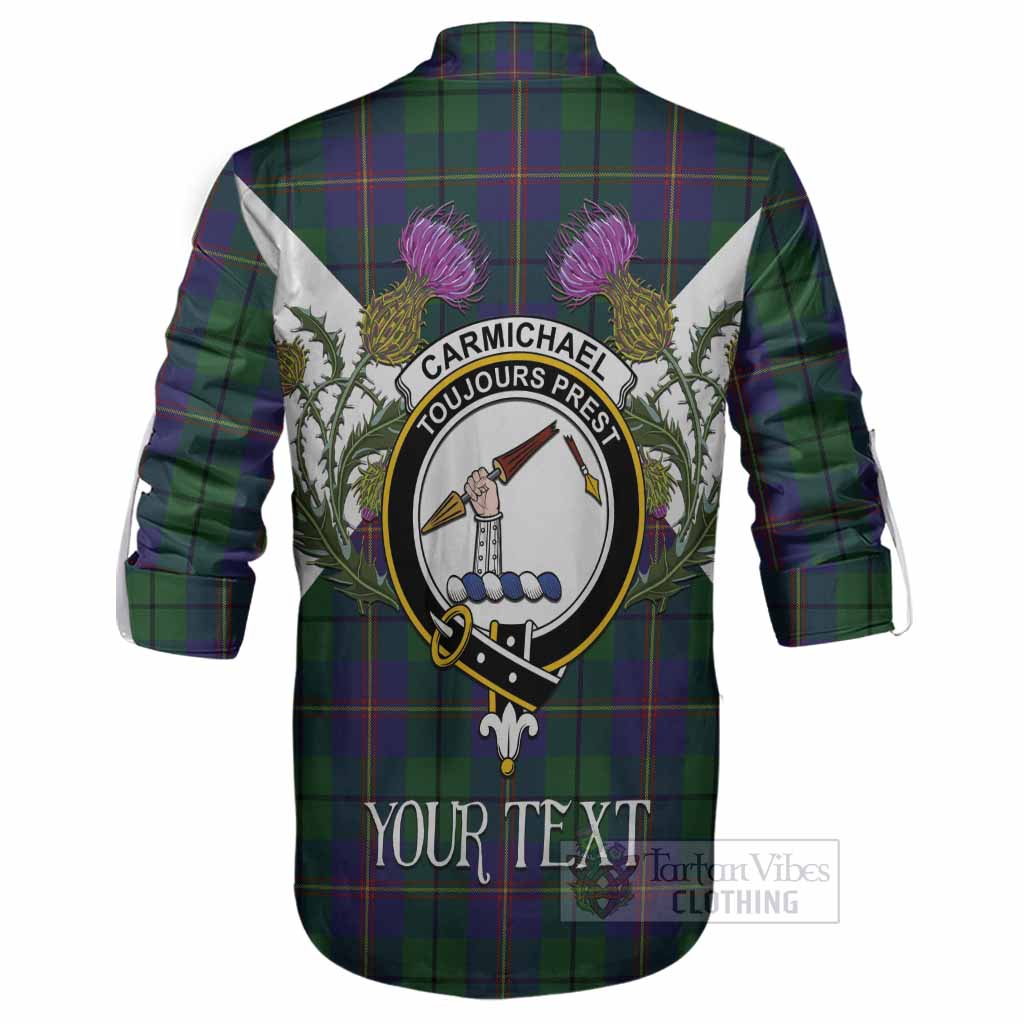 Carmichael Tartan Family Crest Ghillie Shirt Scottish Burns Night Thistle Floral