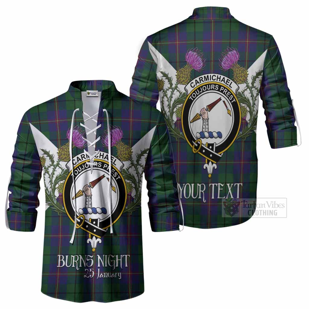Carmichael Tartan Family Crest Ghillie Shirt Scottish Burns Night Thistle Floral